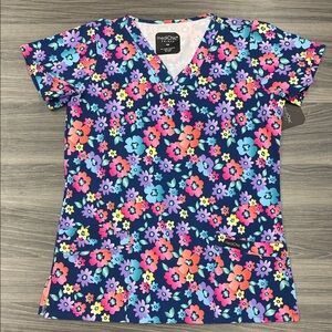 Medi Chic Prints Floral V-Neck Scrub- Blue and Pink, XS - NWT